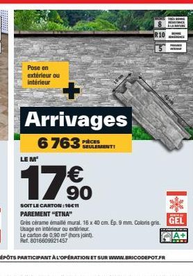 *********  Pose en extérieur ou intérieur  Arrivages 6763 EULEMENT!  PIÈCES  TAGES  R10  PE  LE M  17 €  SOIT LE CARTON:16€11 PAREMENT "ETNA"  Grès cérame émaillé mural. 16 x 40 cm. Ep. 9 mm. Coloris 