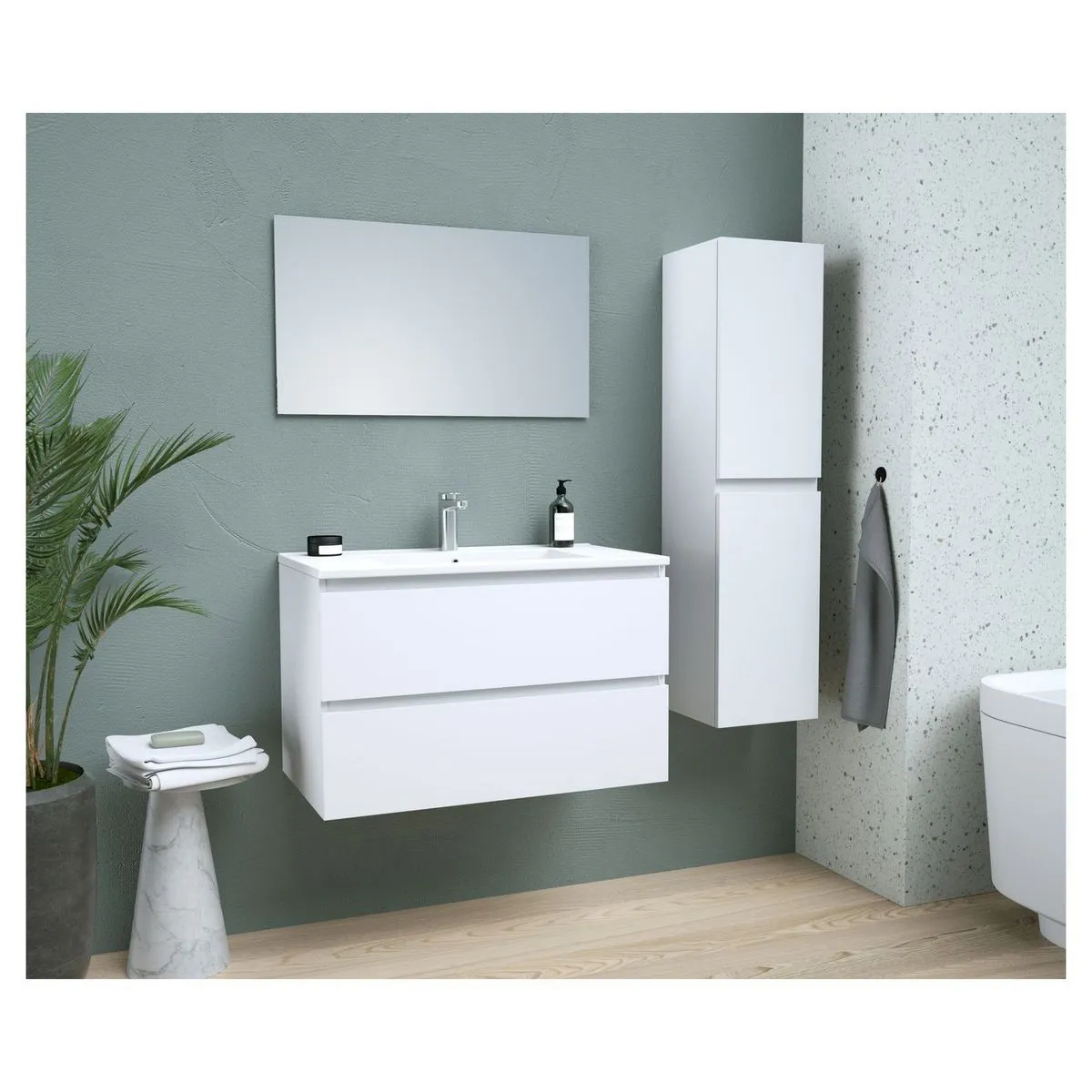  ensemble meuble de salle de bain 2 tiroirs + vasque encastrée + miroir l80 cm odyssee