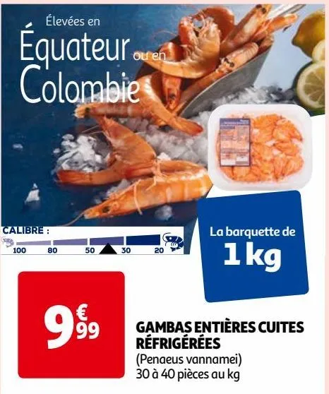 gambas entières cuites réfrigérées