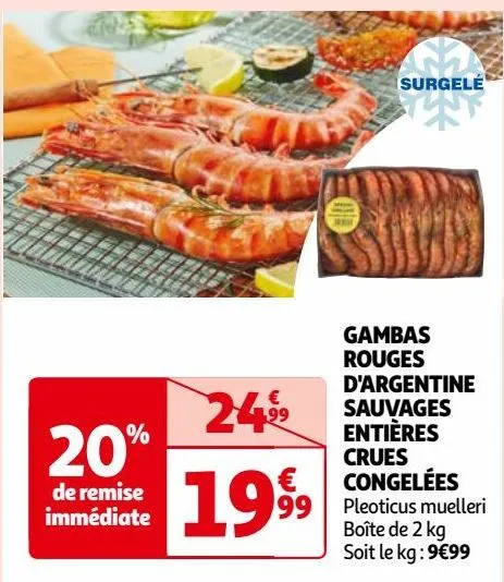 gambas rouges d'argentine sauvages entières crues congelées