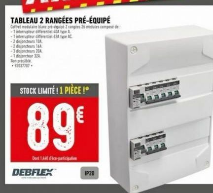 TABLEAU 2 RANGÉES PRÉ-ÉQUIPÉ  Coffret modulaire blanc pré-équipé 2 rangées 25 modules composé  -1 interrupteur différentiel 40A type A  -1 interrupteur différentiel 63A type AC  -2 disjoncteurs TOA  -