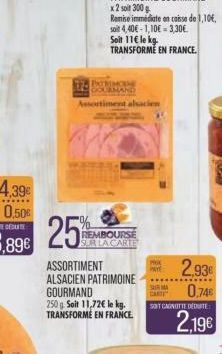 EXTRIMOINE  AND  Assortime alsacien  REMBOURSE SUR LA CARTE  ASSORTIMENT ALSACIEN PATRIMOINE GOURMAND  250 g. Soit 11,72€ le kg. TRANSFORME EN FRANCE.  PRIX  INTE  SURMA  C  SOFT CAGNOTTE DEDUITE  2.9