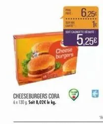 cheeseburgers cora 6x 130 g. soit 8,02€ le kg.  bina carte  cheese burgers  soit canotte decante  6,25€  5,25€ 