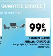 99€  SALON DE JARDIN ANTALYA-CARREFOUR  Canapé 2 places, 2 fauteuils et 1 table basse.  Couleur: Gris 