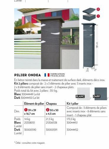 Elément de pilier Chapeau  139 x 39  → 50 x 50 x 4,5 cm  x 16,7 cm  Dim.  Poids 14 kg Blanc 25308051  L'unité  Dark 30000590  L'unité  21,5 kg 25306538  30000591  *Délai: consultez votre magasin.  PIL