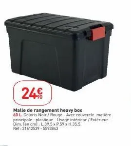 24€  malle de rangement heavy box 60 l. coloris noir / rouge - avec couvercle. matière principale: plastique - usage intérieur / extérieur - dim. (en cm): l.39.5 x p.59 x h.35.5. réf: 21612539-5593843