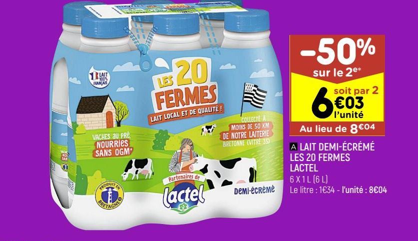 lait demi-écrémé les 20 fermes Lactel