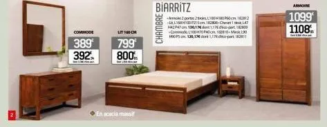 commode  389 392  lit 160 cm  799 800%  en acacia massi  chambre!  biarritz  ke 2 portes 20080p60182812 -llp5cm 1800-cheet1 thor, l47 h42 p47 on 130,17 dont 11 départ 189 -commode l100h70 p40 18810-90