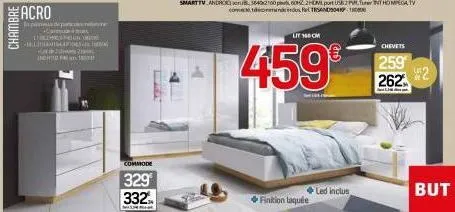 chambre  -mallinax  indhi falk  10  then  commode  329 332%  lit 160 cm  459€  finition laquée  led inclus  chevets  259  262  455 2  but 