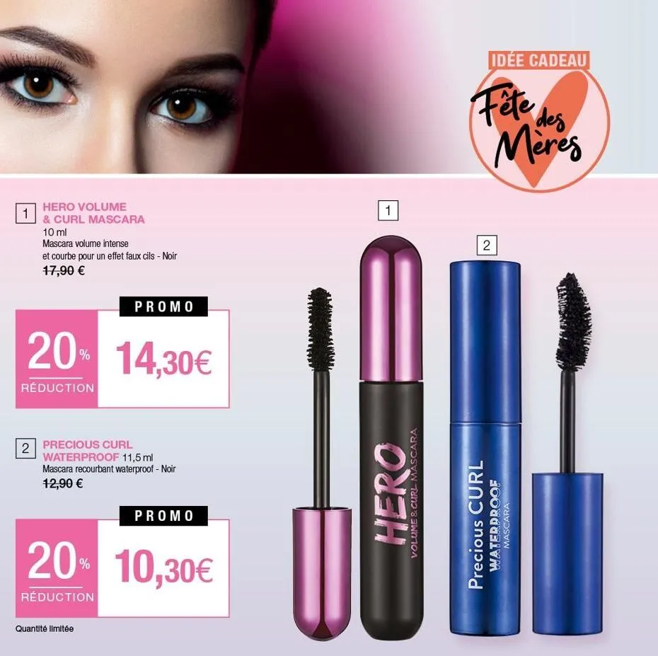 1  hero volume  & curl mascara  10 ml  mascara volume intense  et courbe pour un effet faux cils - noir 17,90 €  promo  20% 14,30€  réduction  2 precious curl waterproof 11,5 ml mascara recourbant wat