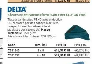 code  7381340  7381339  delta®  bâches de couvreur réutilisable delta-plan 2000  tissu à bandelettes pehd avec enduction  pe, renforcé par des bandes à oeillets  pré-perforées. imputrescible et  stabi