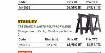 stanley  tréteaux pliants polypropylène  charge max.: 450 kg. vendus par lot de 2.  code  3900736  dim. (cm)  82 x 70  prix ht  69,90 € ht  aa  prix ttc  83,88 € ttc 
