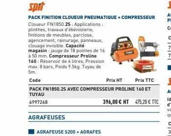 agrafeuses  agrafeuse $200 + agrafes  spit  pack finition cloueur pneumatique + compresseur  cloueur fn1850.25 : applications:  plinthes, travaux d'ébénisterie, finitions de meubles, parclose, agencem