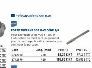 trépans béton sds max  hamar  porte trépans sds max cône 1/8  pour perforateur de 900 à 1500 w. l'utilisation du forêt sert uniquement pour le centrage, le retirer ensuite pour continuer le perçage.  