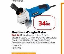 34%  Meuleuse d'angle filaire 800 W. Ø du disque 115/125 mm Vitesse 11500 tr/min. Poignée amovible pour une meilleure préhension en fonction des besoins. Eco contribution comprise. 5619566  Ultra mani