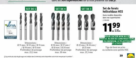 pa  certified  tested a chrifed  in germany  set de 5  dimensions:  011 mm/0 12 mm / 0 13 mm  /014 mm/0 15 mm profondeur de perçage max. 22,5 mm  0888  dimensions: ø 16 mm /0 17 mm/ 018 mm/020 mm prof