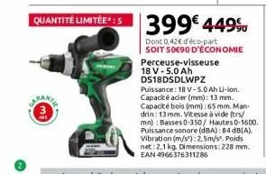 carante  perceuse-visseuse 18 v-5.0 ah ds18dsdlwpz  399€ 449%  dont 0,42€ d'éco-part soit 50e90 d'économie 