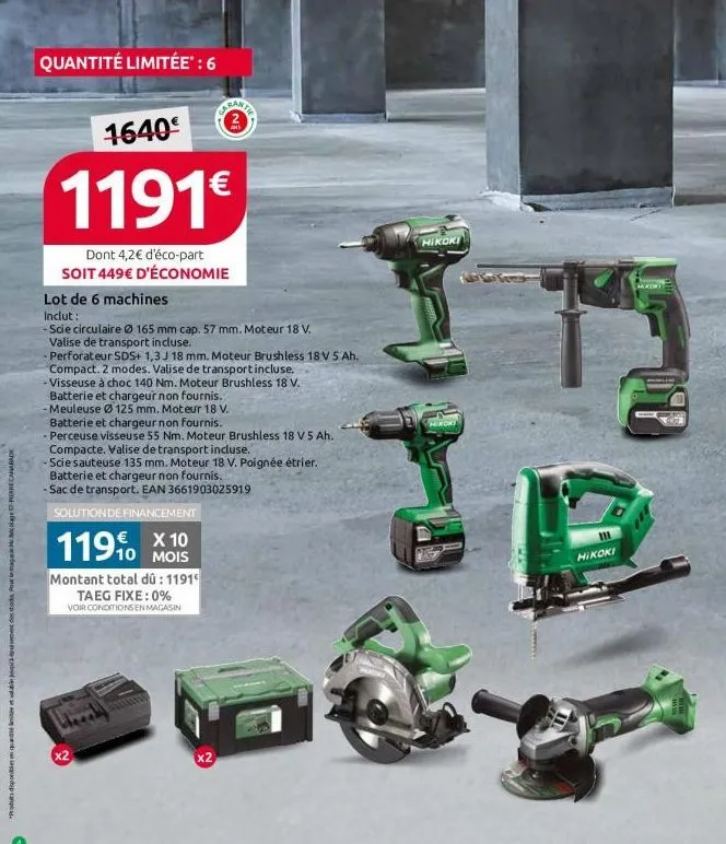 produts disponibles en quantité et valable equipament des stods pour le magari colage st-perrecara  quantité limitée* : 6  1640€  1191€  dont 4,2€ d'éco-part soit 449€ d'économie  lot de 6 machines  i