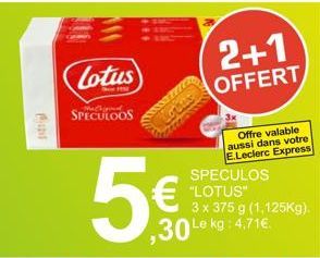 P  Lotus  SPECULOOS  5€  Offre valable aussi dans votre E.Leclerc Express SPECULOS "LOTUS"  3 x 375 g (1,125Kg).  2+1  OFFERT  ,30 Le kg: 4,71€. 