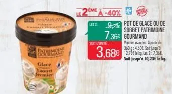 frame  patrimoin gourmand  glace  taourt fermier  soit l'unité  2eme  -40%  possule  les 29,20 pot de glace ou de  sorbet patrimoine 7,36€ gourmand  3,68€  variés assorties. a partir de 360 g: 4,60€. 