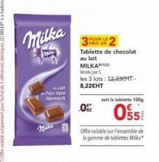Milka  اهانه  Pays A  Alpero  POUR LE  Tablette de chocolat au lait  0%  MILKA  Vendu par  les 3 lots: 12,33CHT-8,22CHT  soit la tablette 100g  055  Offre valable sur l'ensemble de la gamme de tablett