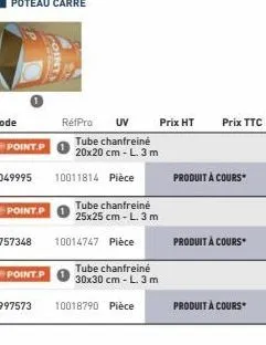 point.p  point.p  point.p  points  rétpro uv  10011814 pièce  tube chanfreiné  20x20 cm - l. 3 m  10014747 pièce  tube chanfreiné  25x25 cm - l. 3 m  10018790 pièce  tube chanfreiné  30x30 cm - l. 3 m