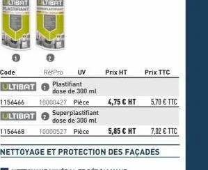 code ultibat  plastifiant dose de 300 ml  1156466 10000427 pièce  superplastifiant  dose de 300 ml  ultibat 1156468 10000527 pièce  réfpro uv  prix ht  prix ttc  4,75 € ht 5,70 € ttc  5,85 € ht 7,02 €