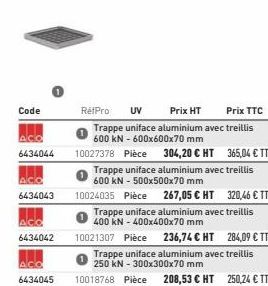 Code  ACO  6434044  ACO  6434043  6434042  ACO 6434045  Trappe uniface aluminium avec treillis 600 KN - 500x500x70 mm  10024035 Pièce 267,05 € HT 320,46 € TTC  Trappe uniface aluminium avec treillis 4