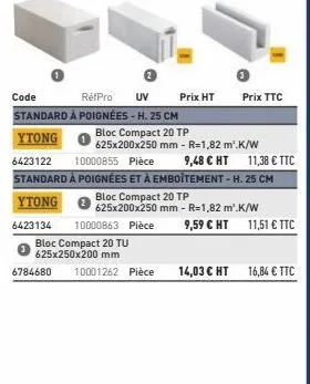 6423134  bloc compact 20 tu 625x250x200 mm  code  refpro uv standard à poignées - h. 25 cm  ytong  bloc compact 20 tp  625x200x250 mm - r=1,82 m² k/w  6423122 10000855 pièce  9,48 € ht 11,38 € ttc sta