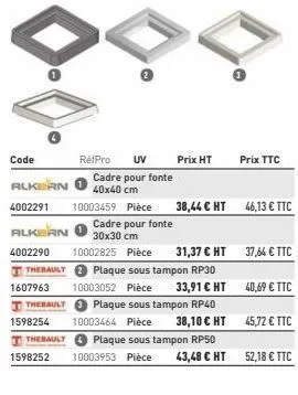 rétpro uv cadre pour fonte 40x40 cm  10003459 pièce  prix ht  cadre pour fonte 30x30 cm  prix ttc  38,44 € ht 46,13 € ttc  thebault plaque sous tampon rp30  1607963 10003052 pièce 33,91 € ht 40,69 € t