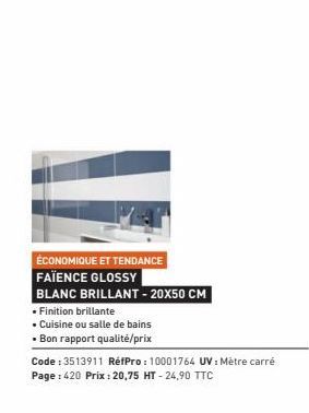 ÉCONOMIQUE ET TENDANCE  FAÏENCE GLOSSY  BLANC BRILLANT - 20X50 CM  • Finition brillante  • Cuisine ou salle de bains  • Bon rapport qualité/prix  Code: 3513911 RéfPro: 10001764 UV: Mètre carré Page : 