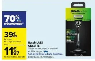 70%  d'économies™  3999  le rasoi  prix payé en caisso soit  rasoir labs  gillette  1 manche avec support aimanté  11⁹7  remise fidel déduit existe aussi en 2 recharges.  et 3 recharges.  soit 27,92 €