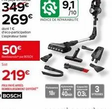 dont 1 €  d'éco-participation l'aspirateur balal  50€  soit  bosch  219€  prix paye apres remboursement differe bosch  puissance capaci 3 18v 40min 03l vitesses 