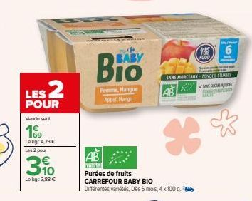 LES 2  POUR  Vendu seul  Lokg: 4,23 € Les 2 pour  3.10  Le kg: 3,88 €  AB  SELARE  K  BABY  Pomme, Mangue Appel, Hango  Purées de fruits CARREFOUR BABY BIO Différentes variétés, Dès 6 mois, 4 x 100 g.