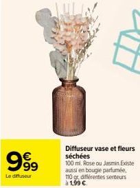 999  Le diffuseur  Diffuseur vase et fleurs séchées  100 ml. Rose ou Jasmin.Existe aussi en bougie parfumée, 110 gr, différentes senteurs à 1,99 € 