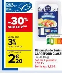 peche  durable msc www.g  -30%  sur le 2eme  vendu seul  3  le kg: 10,50 €  le 2 produt  2, 20  surimi watchbets  nutri-score  ab  bâtonnets de surimi carrefour classic par 28, 466 g soit les 2 produi