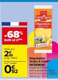 -68%  SUR LE 2 ME  Vendu seul  299  89  Le kg: 11,56 €  Le 2 produt  92  Entre Mont  Dégustation  T&Fr  Dégustation Tendre & fruité ENTREMONT A partir de 27% MG  dans le produit fin 250 g Soit les 2 p