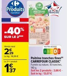 Produits  Carrefour  -40%  SUR LE 2 ME  Vendu seul  299  Lekg: 16,36 €  Le 2 produt  1⁹7  POITRINE LE PORC MANDANT FRANÇAIS  MUTRI-SCORE  Poitrine tranches fines CARREFOUR CLASSIC Fumée ou nature, 10 