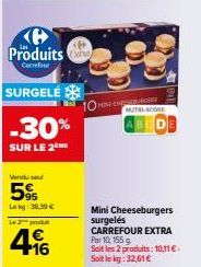 Ke Produits  Carrefour  SURGELÉ  -30%  SUR LE 2  Vindu sel  95 Lkg 38.39 €  Le 2 produ  +16  10HN CHERO  MUTH-SCORE  Mini Cheeseburgers surgelés CARREFOUR EXTRA Par 10, 155 g Soit les 2 produits: 10,1