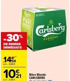-30%  de remise immédiate  1459  le l: 3,68 €  10⁹1  le l: 2,58 €  gallery  1847  onwards  adic  carlsberg  denmark  bière blonde carlsberg  5% vol, 12 x 33 cl. 
