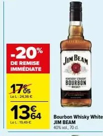 -20%  de remise immédiate  17%  le l: 24,36 €  1364  le l: 19,49 €  jim beam  estrat  bourbon  isay  bourbon whisky white  jim beam  40% vol., 70 cl 