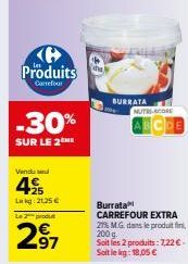 -30%  SUR LE 2 ME  Produits  Carrefour  Vindue  4  +25 Lokg: 21.25€  Le 2 produ  2⁹7  97  ha  BURRATA  NUTRI-CORE  DE  Burrata CARREFOUR EXTRA 21% M.G. dans le produit fin 200 g. Soit les 2 produits: 