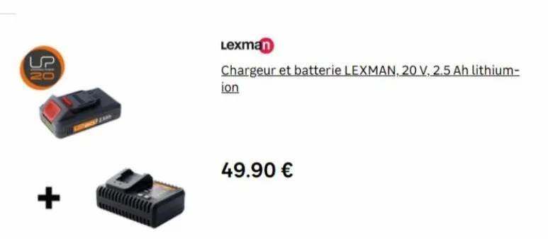 815  up  +  49.90 €  lexman  chargeur et batterie lexman, 20 v, 2.5 ah lithium- ion 