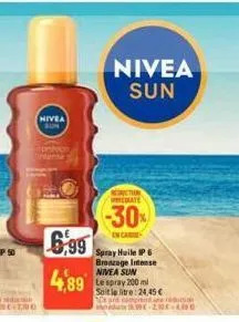 nivea  montoon  nivea sun  reduction mate  -30%  enca  6,99  spray huile ip 6 bronzage intense nivea sun  4,89 le spray 200ml  soit la litre: 24,45 € de are comm  de 8.99-200-400 