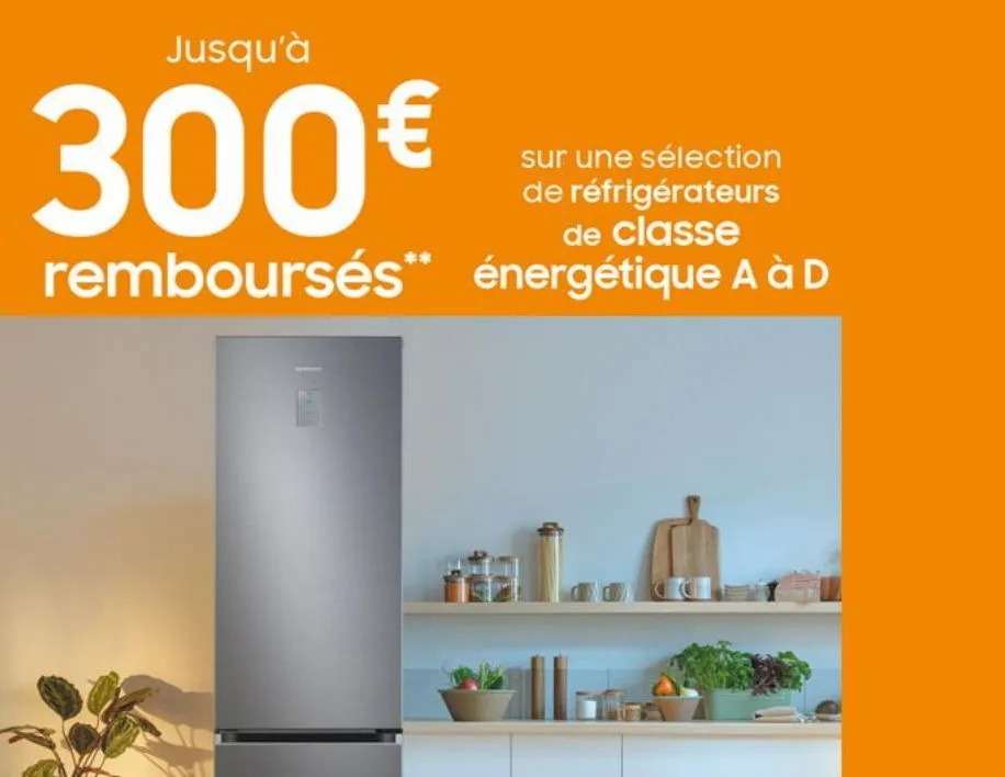 jusqu'à  300€  sur une sélection de réfrigérateurs de classe  remboursés" énergétique a à d 