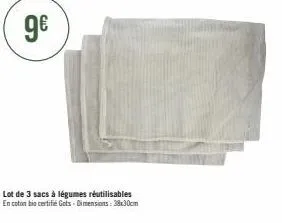 lot de 3 sacs à légumes réutilisables en coton bio certifié gots - dimensions: 38x30cm 