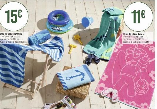 11€  Drap de plage Enfant Damensions: 140cm 100% coton CE-TEX (0 Existe en modele DIN FLAMY 