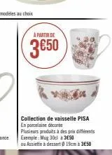 à partir de  3€50  collection de vaisselle pisa en porcelaine décorée  plusieurs produits à des prix différents exemple: mug 30d à 350  ou assiette à dessert @19cm à 350 