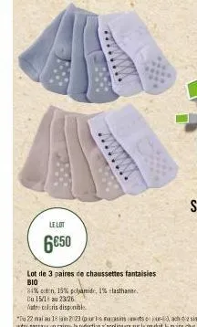 le lot  6€50  lot de 3 paires de chaussettes fantaisies bio  81% coton, 15% polyamide, 1% elasthanne  du 15/18 au 23/26  latre coloris disponibl 