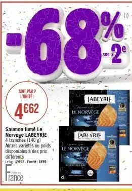 soit par 2 l'unité:  4€62  saumon fumé le norvège labeyrie 4 tranches (140 g) autres variétés ou poids disponibles à des prix différents le kg: 4983-l'unité : 6€99  the  rance  labeyrie  le norvège  l